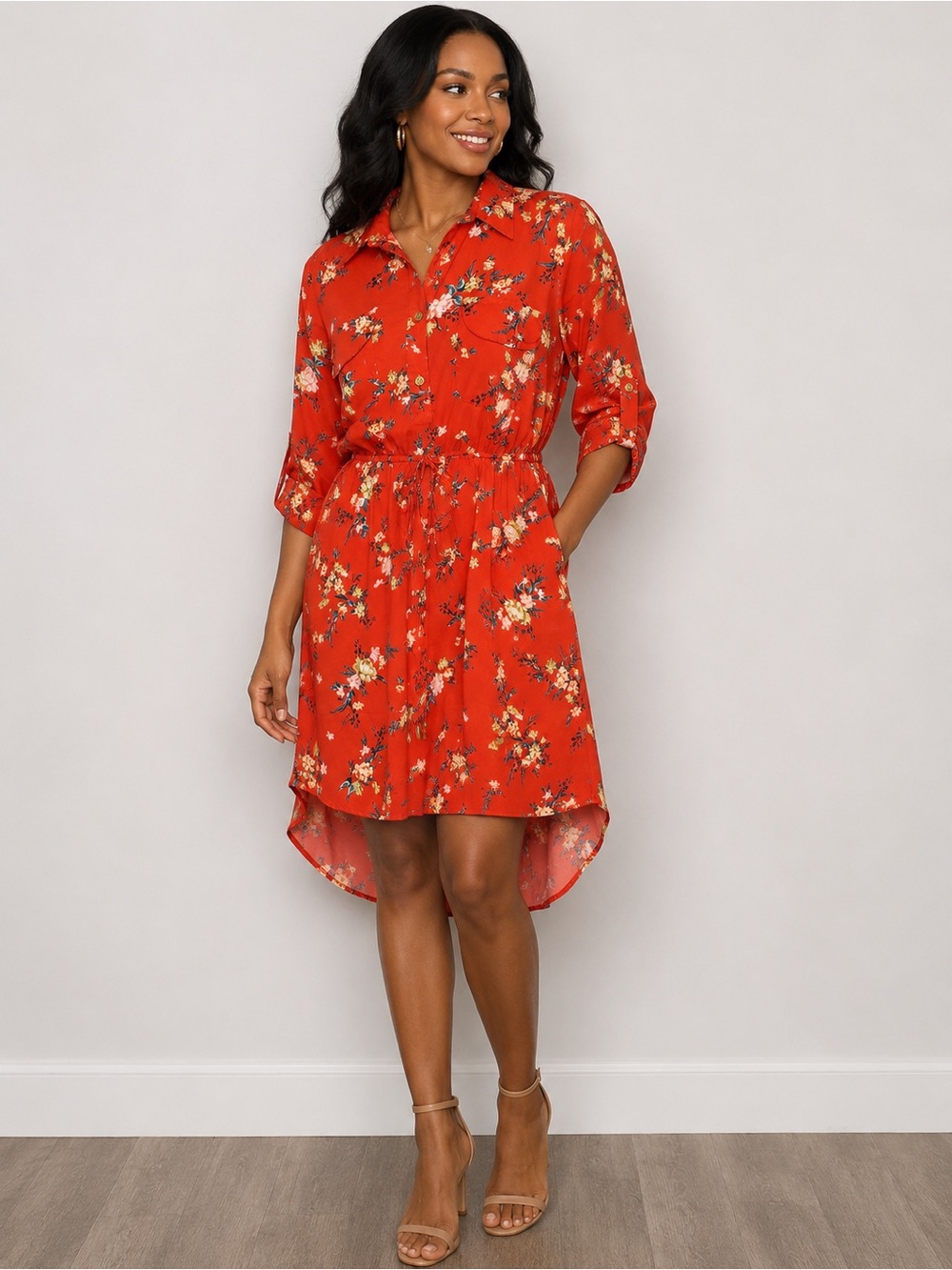 Speed Control New York Red Floral Shirt Dress Size L NWT Roll Tab Sleeve